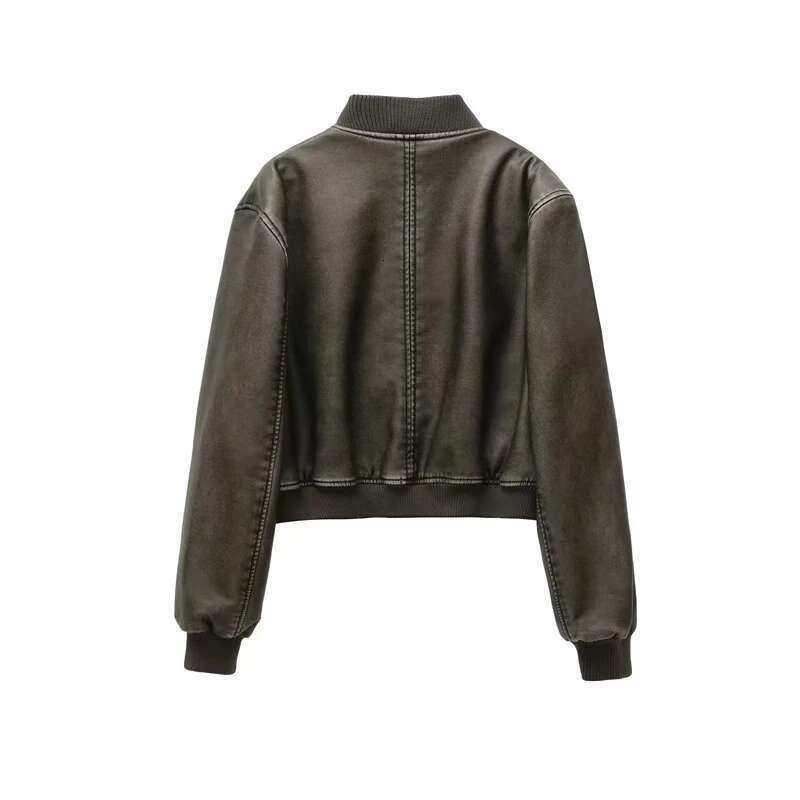 Women's Street Fashion Faux Bomber Jacket Stand Collar Black Short Leather Coat