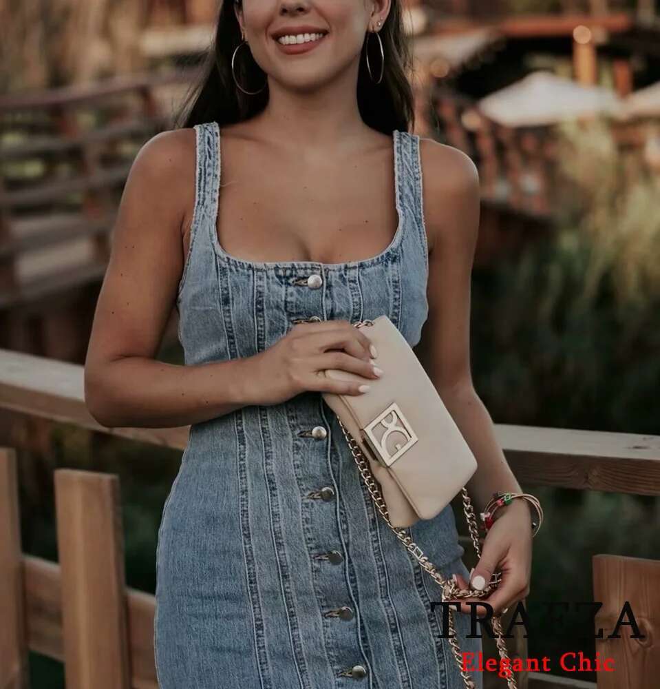 TRAFZA Casual Elegant Denim Halter Women's Buttons Slim New 2024 Summer Fashion Holiday Basic Dress