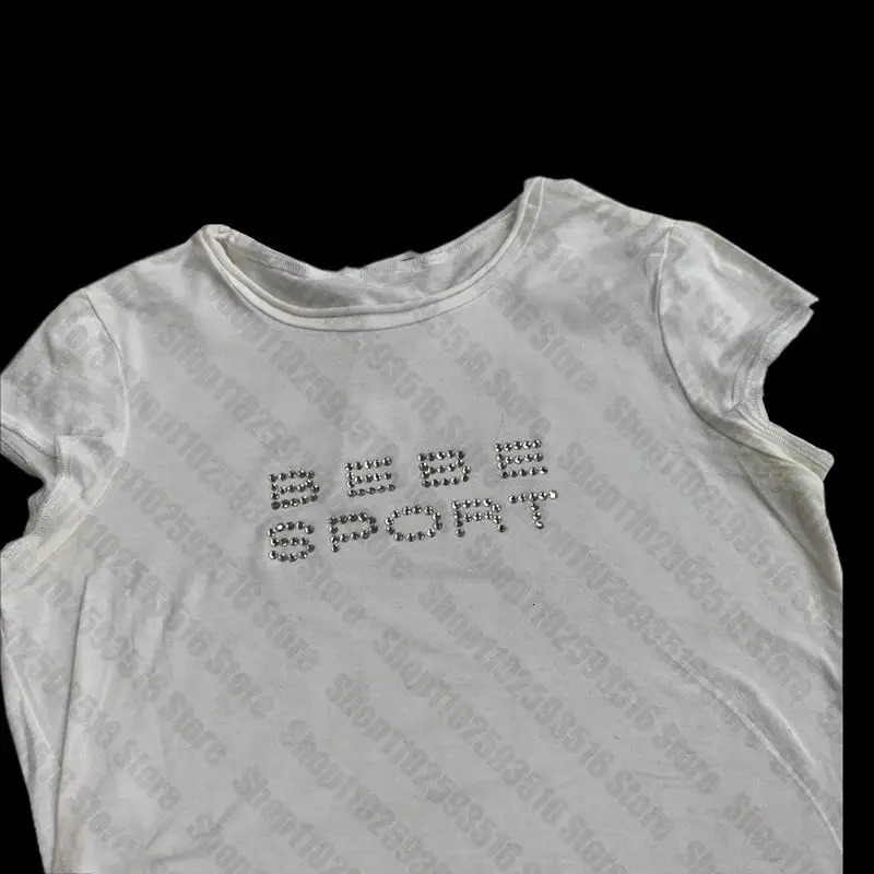 Womens punk retro Rhinestone crop top Y2K clothing shiny Beibei letter Tshirt black Gothic summer short sleeved 250407