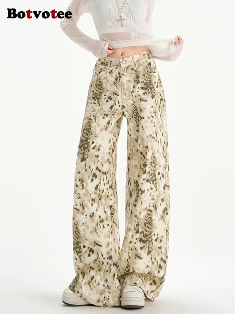 Botvotee Y2k womens leopard print jeans beige wide leg straight high waist denim pants streetwear fashion 250407
