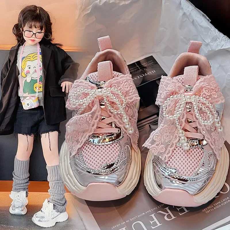 Girls sports shoes with sweet mesh bow childrens running shoes breathable 2025 new fashion childrens sports shoes princess snow shoes cute W250407