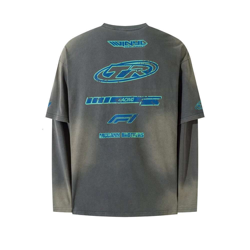 Racing Double-Sided Printed T-Shirt Mens Fake Two Pieces Spliced Autumn Crew Neck Loose Long Sleeve Washed Distressed Cotton Tee