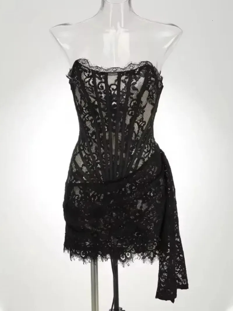 Womens Sexy Lace Dress Solid Color Sheer Patchwork High Waist Lace Dress Elegant Printed Strapless Slim Evening Dress M887 251028