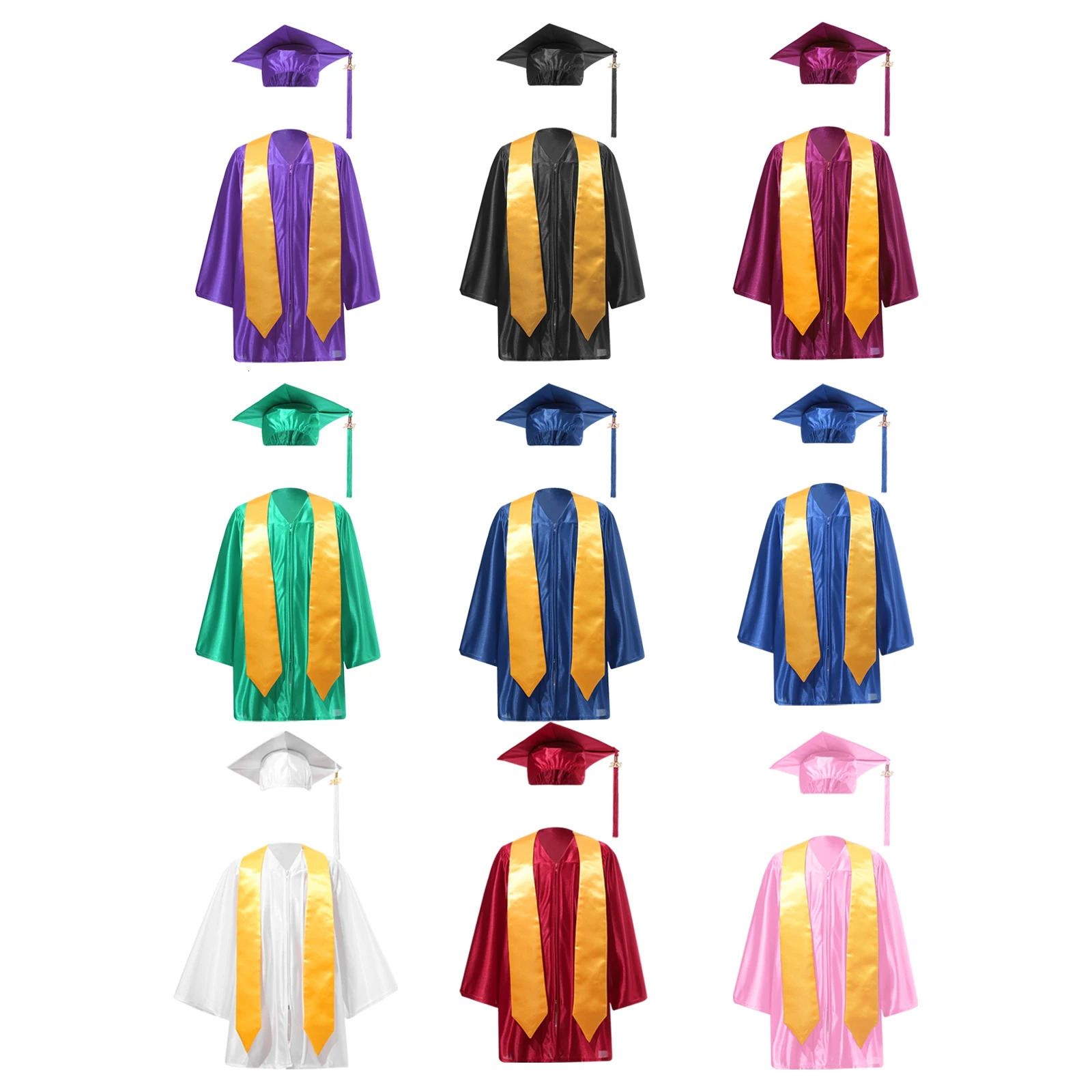 Kids Girls Boys Kindergarten Primary Graduation Gown Cap Preschool Uniform Suit with Badge Tassel And Graduation Sash 250407