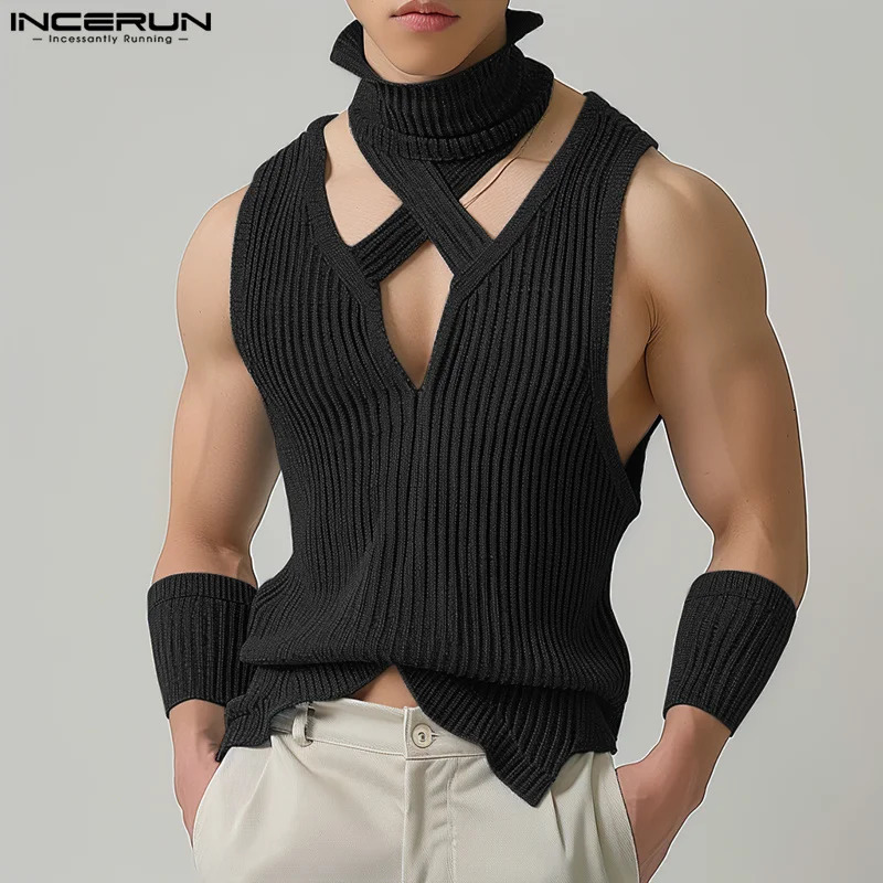 INCERUN Mens Tank Top Solid Color Turtle Neck Sleeveless Hollow Casual Tank Top Street Clothing Knitted Fashion Mens Clothing 250403