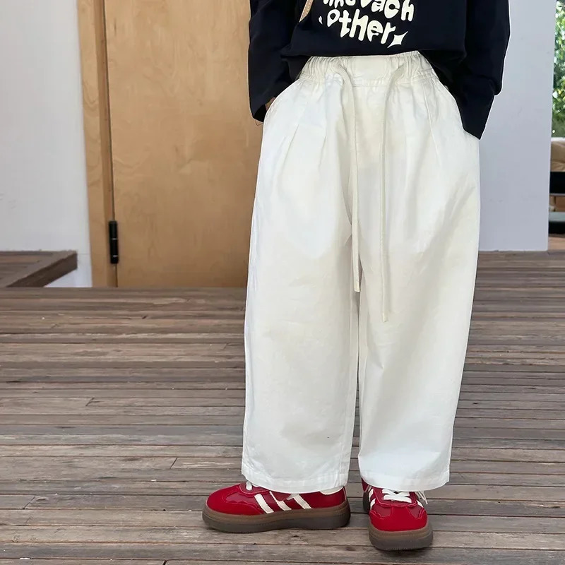Spring and Autumn Boys and Girls Cotton Knitted Straight Trouser Childrens Soft 3-Color Drawstring Casual Pants 250408