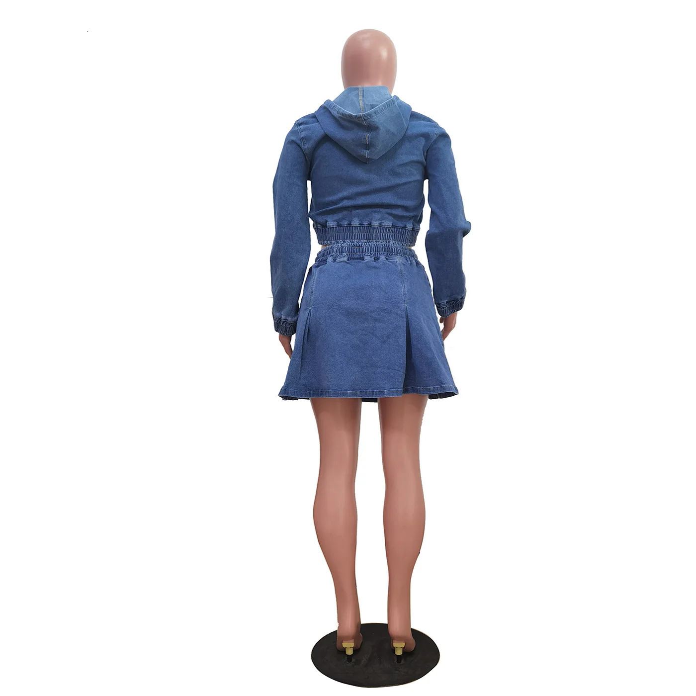 CM.YAYA Denim Women Set Street Long Sleeve Hooded Jacket and A-line Ball Gown Skirt Suits Two 2 Piece Jeans Set Summer Tracksuit 250408