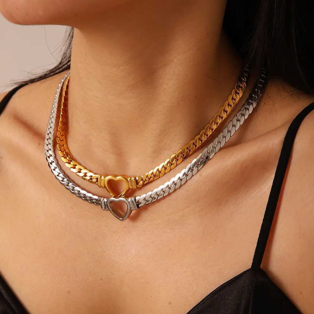 Perisbox stainless steel solid gold Pvd plated short and thick chain hollow heart-shaped necklace Y250408