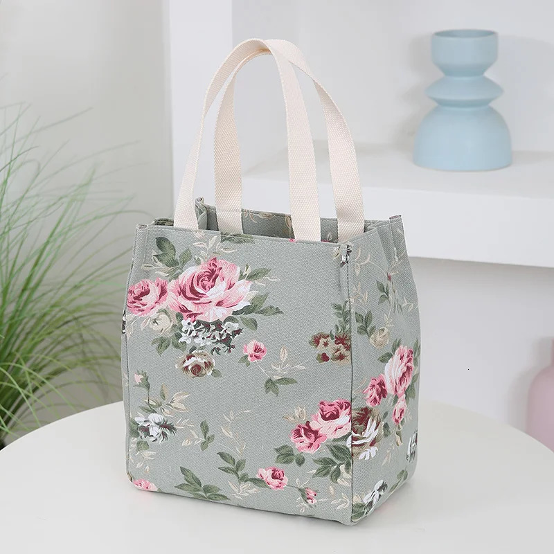 canvas flower printed fabric handbag work portable multi-pocket zipper semi-closed daily clutter storage bag bento bag 250408