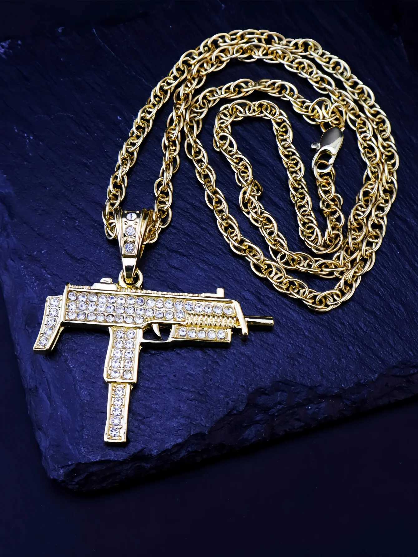 Men Rhinestone Gun Charm NecklaceC250407