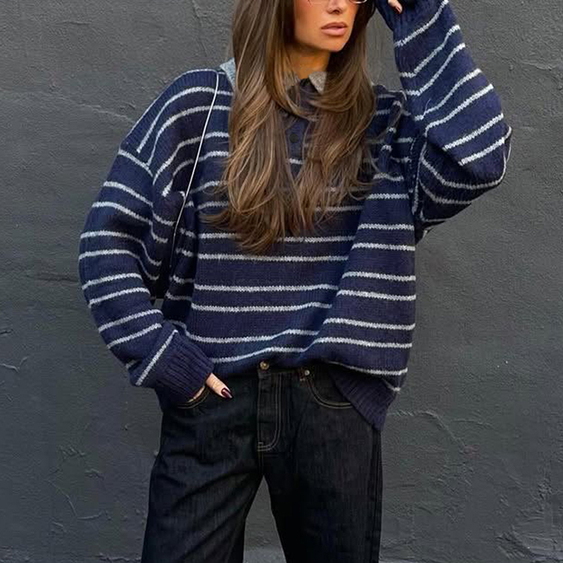 Women's Long Sleeve Clashing Stripe Sweater, POLO neck drop shoulder loose top, Street Fashion Vacationwinter clothes for women, herbst kleidung 