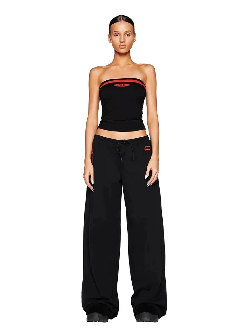 Iamgia black and red strapless standing long leg pants retro spice set 250407