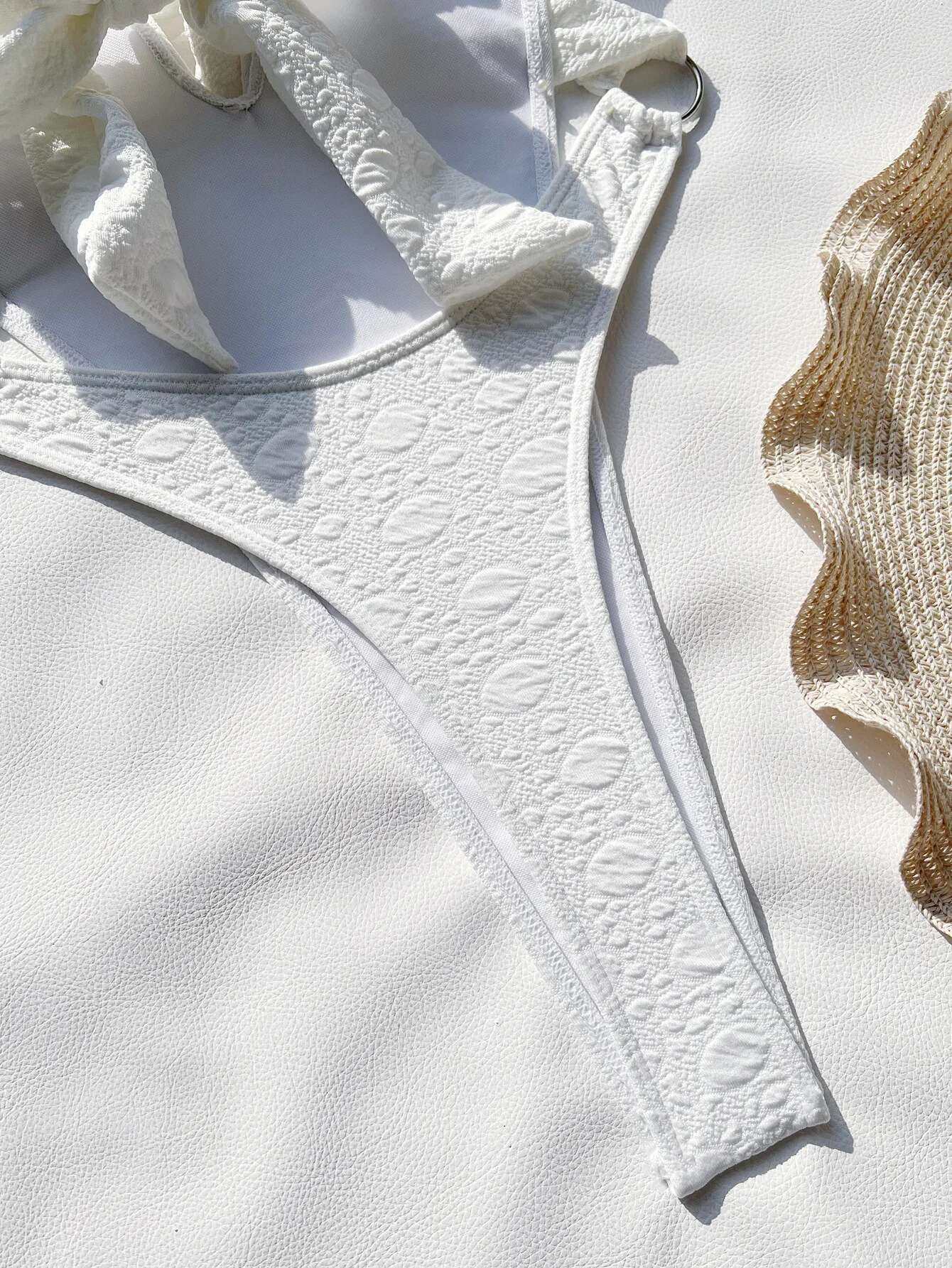 Dongdumaoyi Sexy White One Piece Swimsuit Women Deep V Neck Hollow Out Backless Thong Bikini Wrap Around Belt Bathing Suit Swimwear
