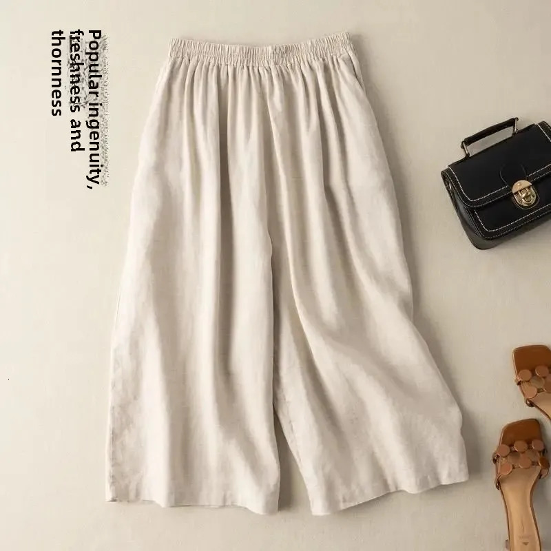 Plus Size Cotton Linen Wide Leg Pants Women Summer Thin Seven-Five Hemp Shorts Large Size Six-Point Three-Quarter Length ... 250408