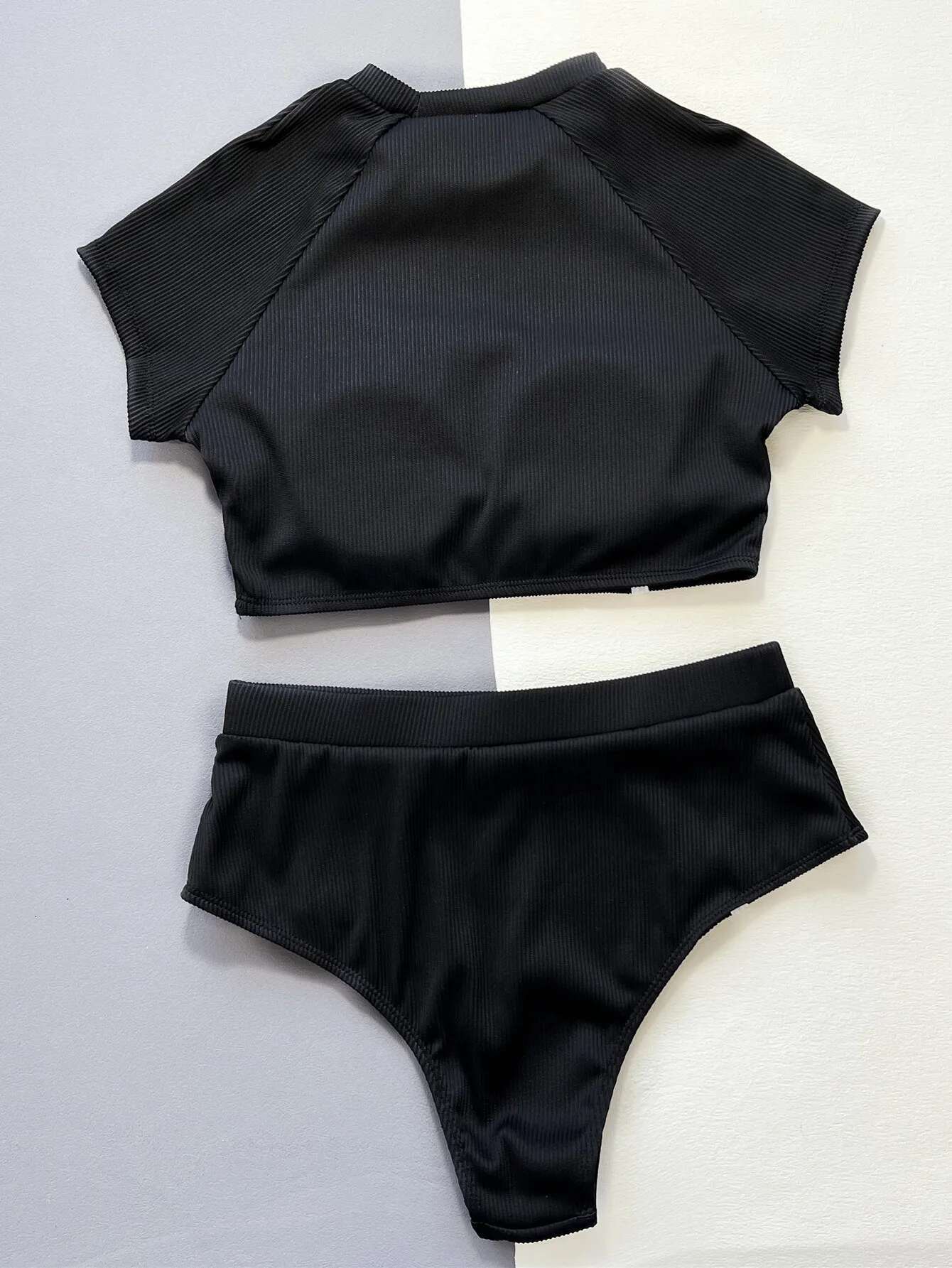 Dongdumaoyi Push Up Bikinis Women Swimsuit Black Short Sleeve Crop Top With High Waist Pants Swimwear Bathing Suit Two Piece Bikini Set