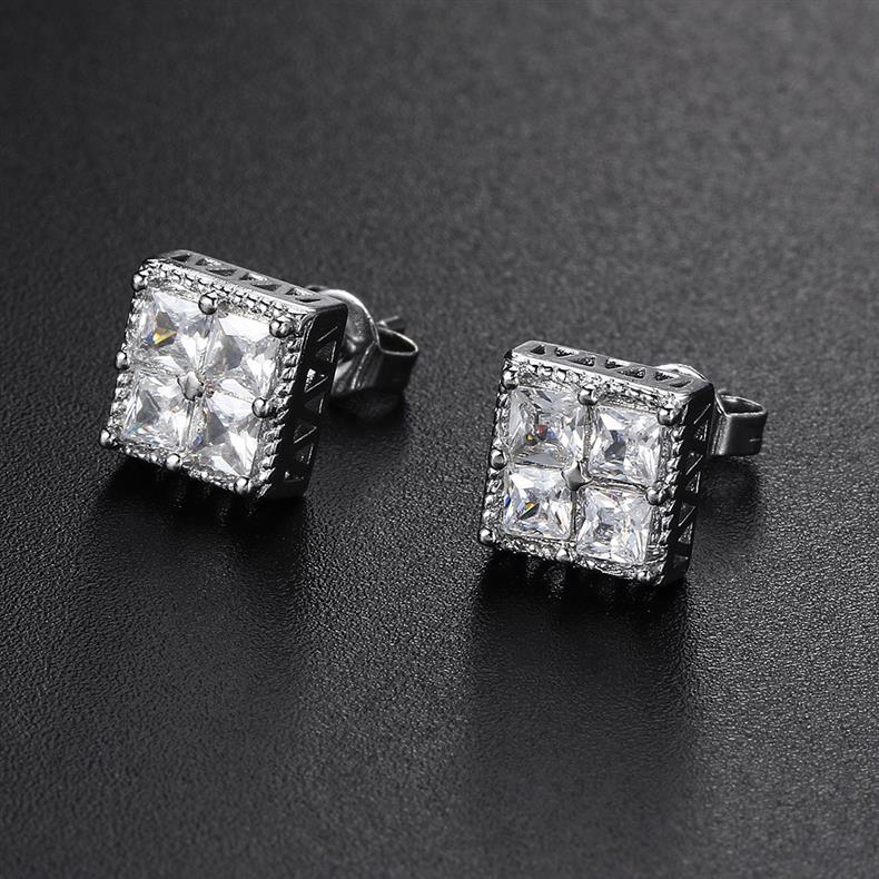 Delicate Square Cubic Zirconia Stud Earrings for Men 18K Real White Gold Plated White Crystal Earrings Luxury Hiphop Diamond Earring Party Birthday Ea
