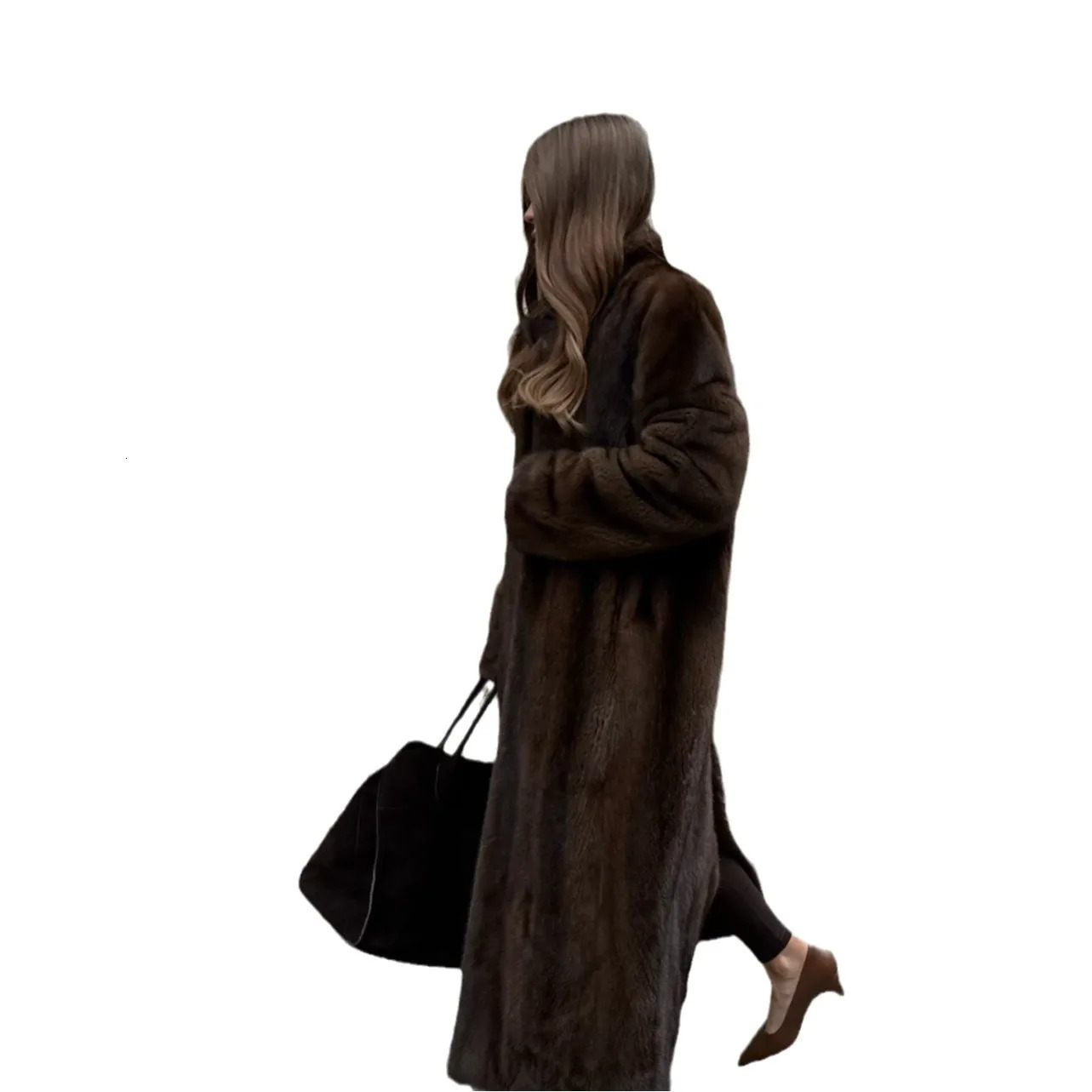 KIDCRKJ Winter Womens Artificial Eco Fur Jacket Brown VNeck Thermal Ladys Faux Coat Chic Long Floor Length Mink 251103