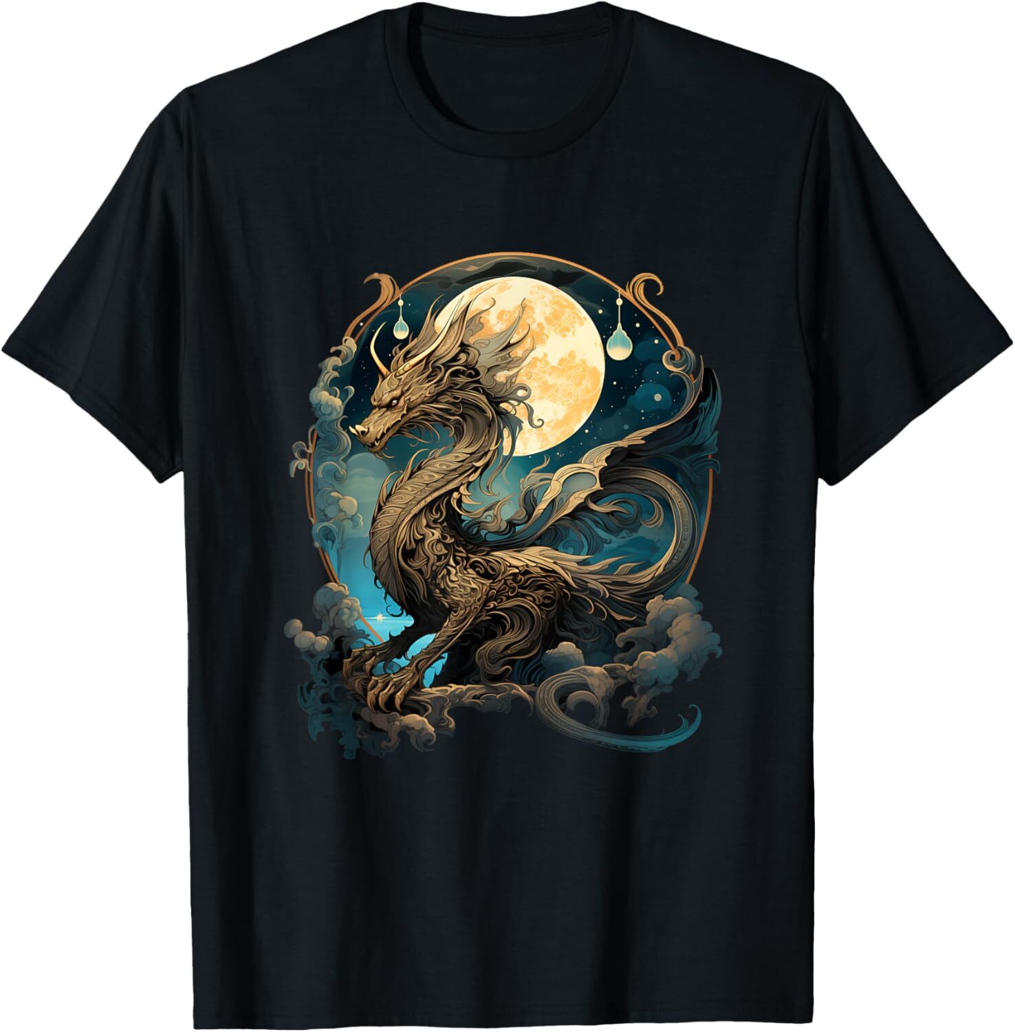 T shirt for Mens Beautiful Lunar Gold Dragon Floral Art Noveau Graphic Tee Casual Tops Clothes Short sleeve cool