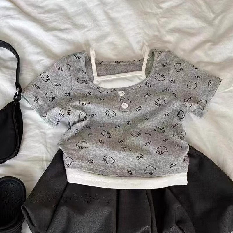 Ddmyshoesvip Girl S Baby Summer New Cartoon Print Fake Short Sleeved T Shirt Flower Bud Shorts Two Piece Set
