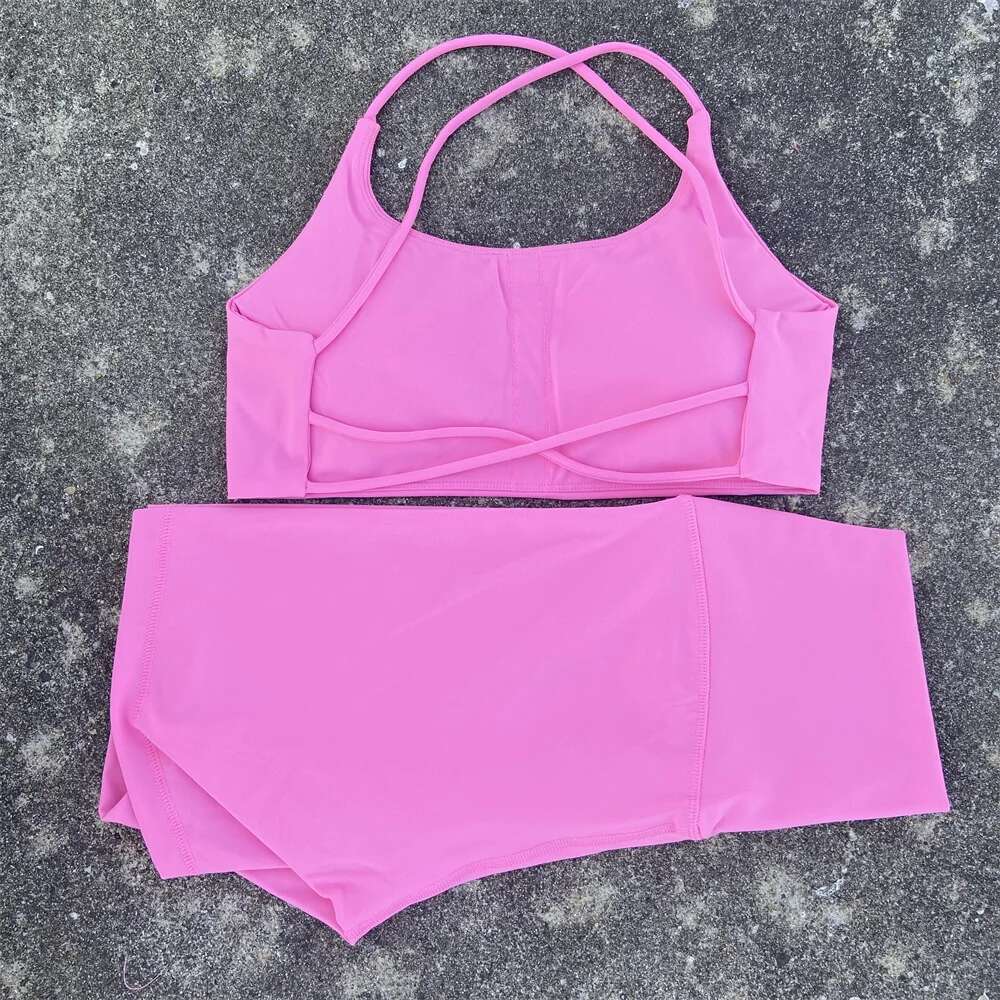 Solid Color Gym Bike Yoga Set Short Legging 2pc +Cross Sport Bra Tracksuit Athletic Women Suit Comprehensive Training Jogging