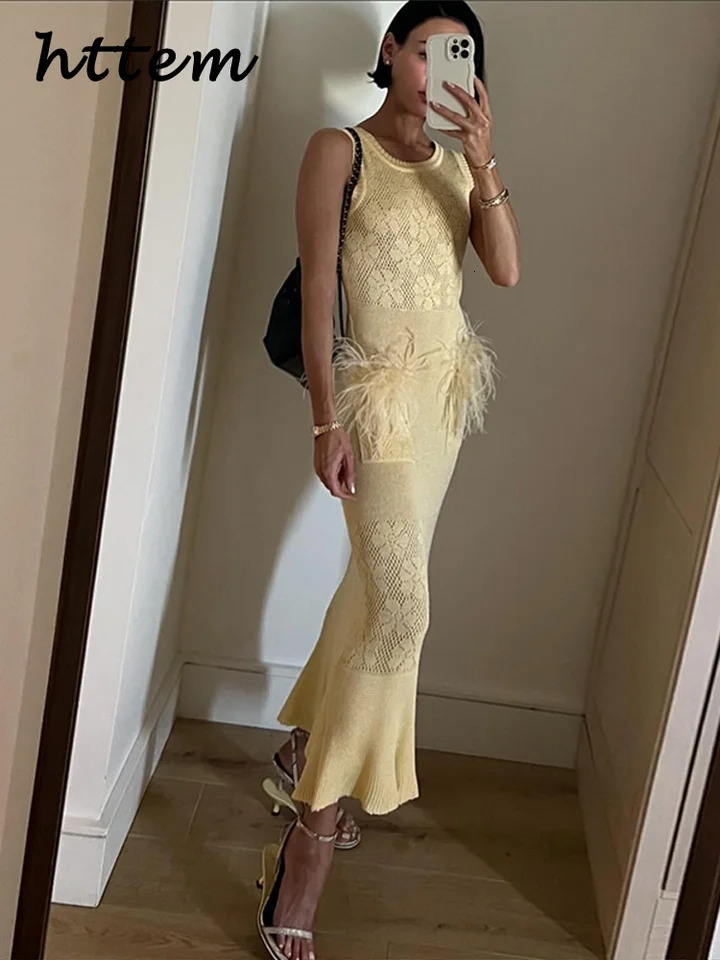 Fashion Knitted Long Hair Mermaid Dress for Womens Elegant Hollow Sleeveless Party Dress Summer Womens Splicing Beach Dress 250402