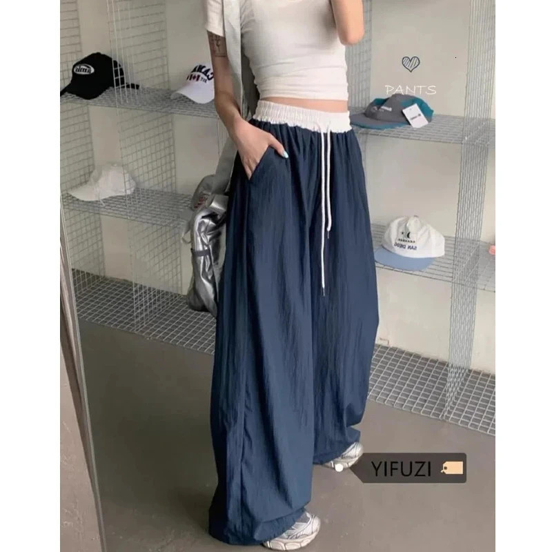 Fashionable matching loose womens wide leg pants elastic waist drawstring patch work straight casual streetwear sportswear 250407