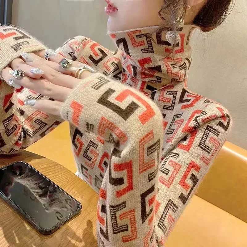 Autumn Winter Vintage Chic Geometric Turtleneck Sweaters Women Clothing Casual All-match Long Sleeve Knit Pullovers Fashion Tops C251110