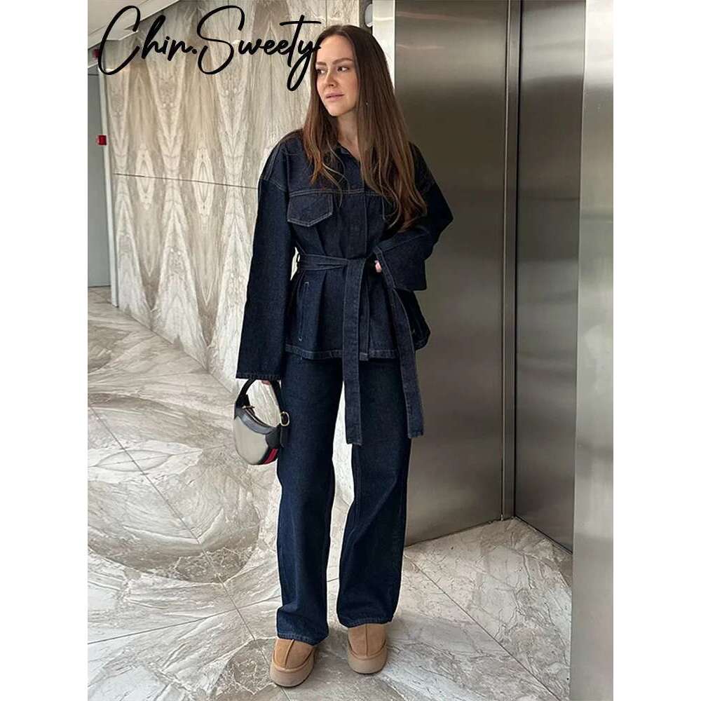 Vintage Belt Denim Jacket Pants Set Women Lapel Single Breasted Jackets High Waist Straight Pant 2025 Spring Lady New Outfit