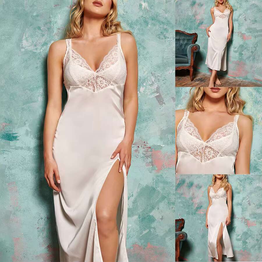 2025 Viaoli Summer Thin Ice Slip Dress Breathable Silky Like Sexy Women's Home Backless Split Suspender Pamas