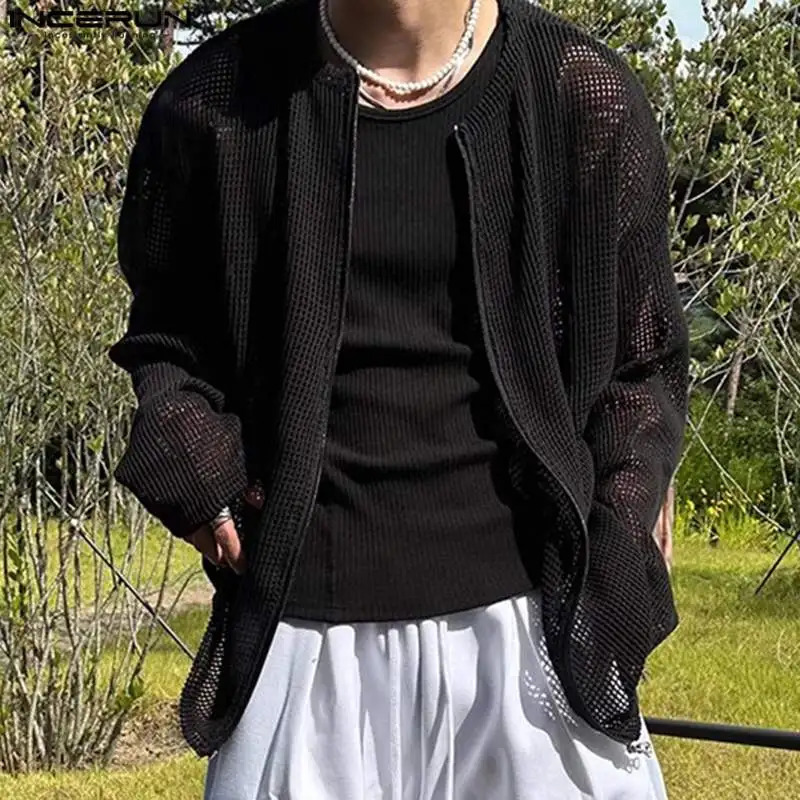 Fashion Well Fitting Tops INCERUN Mens Hollow Grid Zipper Shirts Casual Streetwear O-neck Long Sleeved Blouse S-5XL 250407