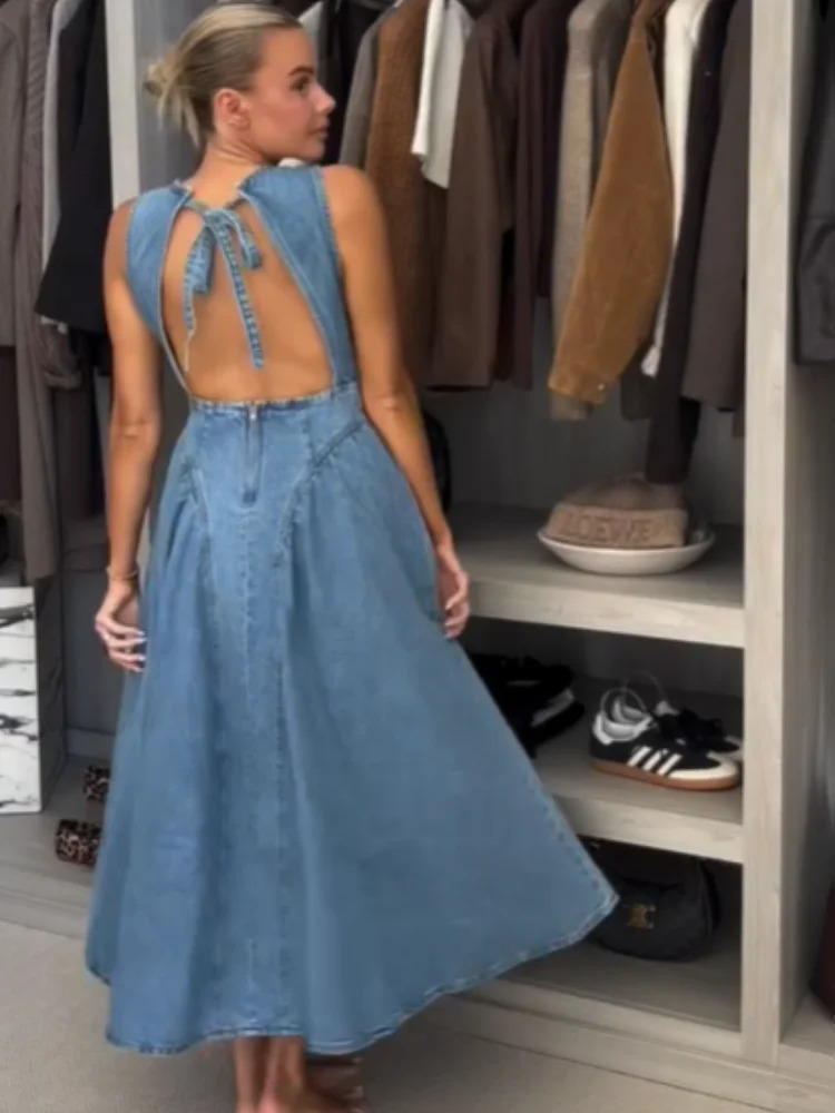 Sexy Women Backless Lace Up High Waisted Denim Dress Fashion O Neck Sleeveless A Line Dresses Spring Chic Lady Street Robes 250407