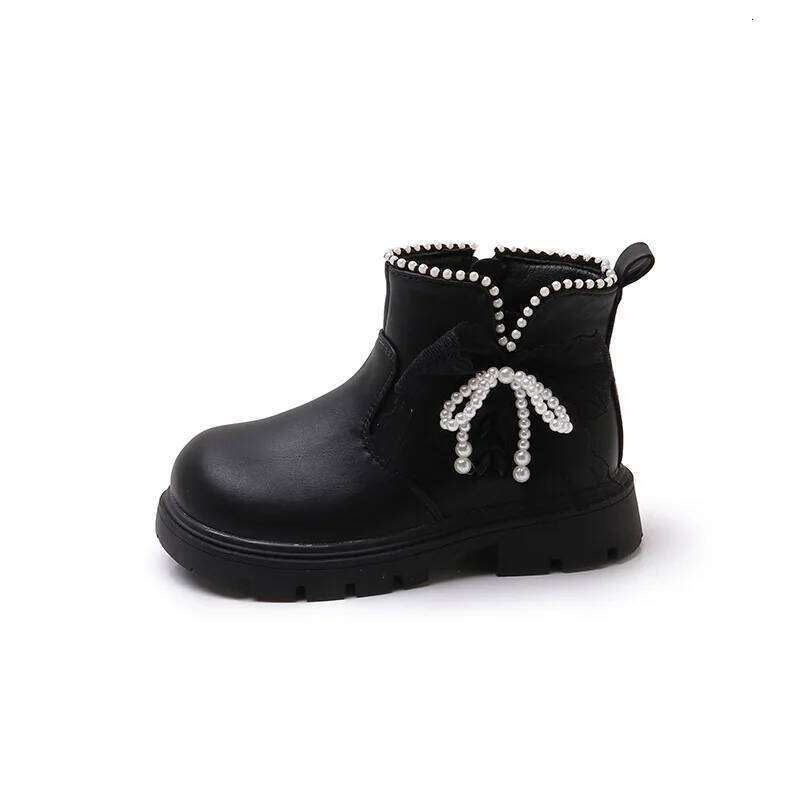 Princess Style Kids Leather Ankle Boots with Beaded Bow Soft Sole for Girls Autumn New 2025 Classic Christmas Party Footwear