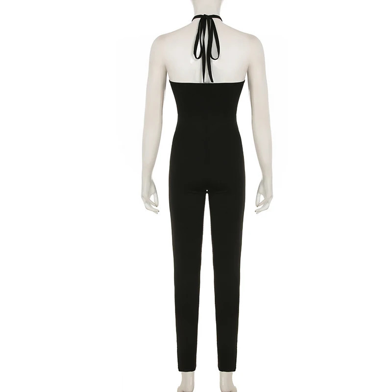 BIIKPIIK Sexy Hollow Out Skinny Jumpsuits For Lady Club Metal Decoration Halter Backless Black Rompers Fashion Aesthetic Overall 250407