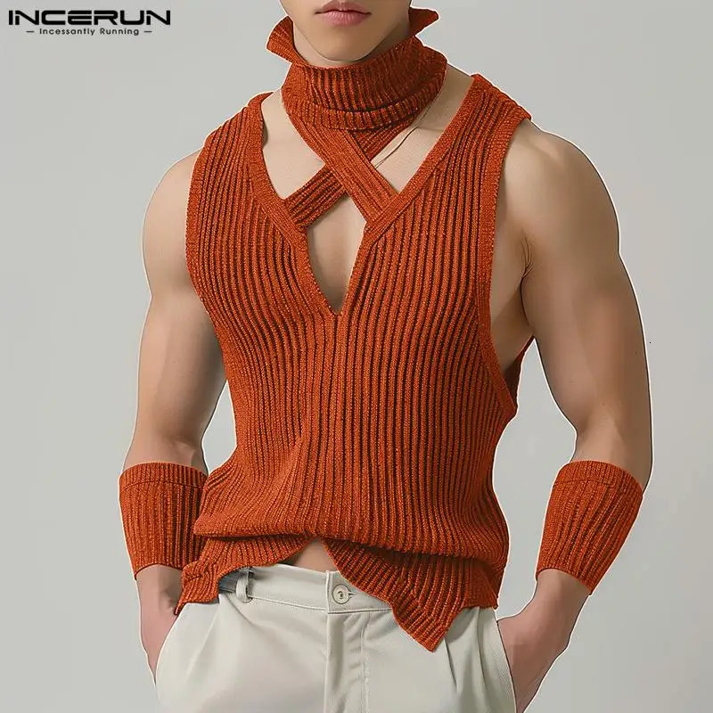 INCERUN Mens Tank Top Solid Color Turtle Neck Sleeveless Hollow Casual Tank Top Street Clothing Knitted Fashion Mens Clothing 250403