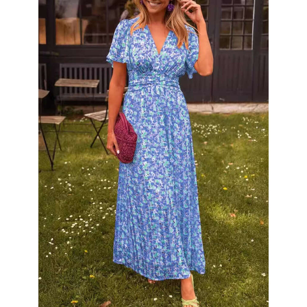 A large number of European and American Shein2025 women's temperament printed waist cinched V-neck dress 2025 new casual fashion trend clothing