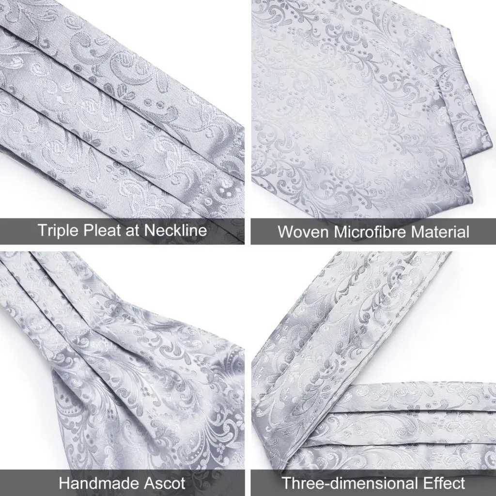 Men Luxury Silver Paisley Silk Ascot Tie Set Wedding Party Cravat White Ties Handkerchief Cufflinks Necktie Ring Sets DiBanGu X250407