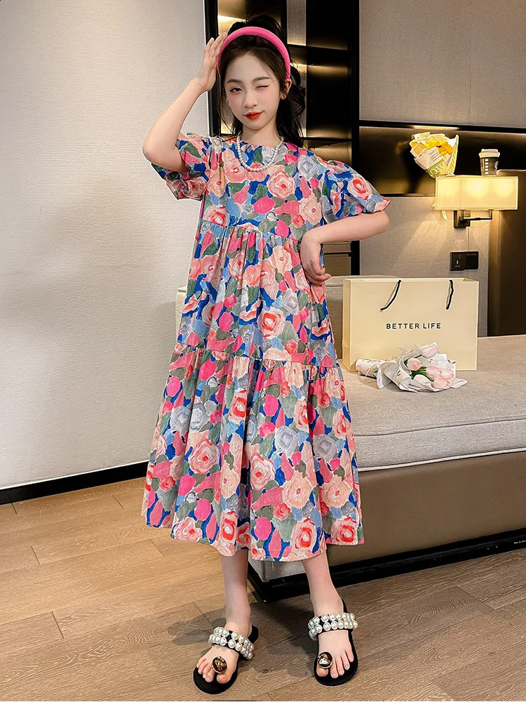 Summer Kids Floral Dresses for Girls Korean Loose Casual Dress Girl Clothing Cute Teenager Children Princess Dress 6 8 10 12 14Y 250408