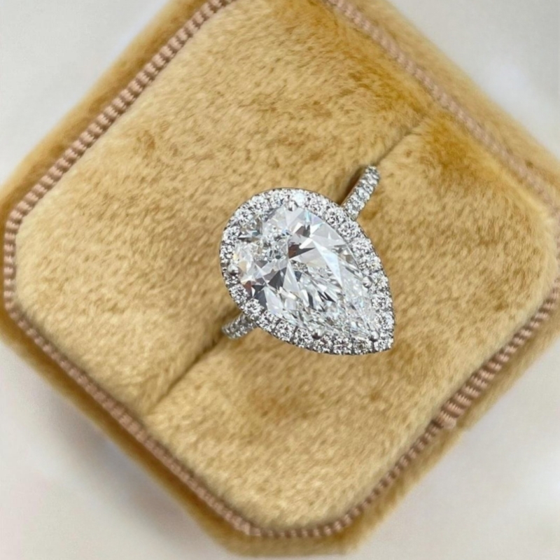 Jewelry Real 18K White Gold 2.5 Carat Pear Cut Halo Lab Grown Diamond Half Band Setting Engagement Ring For Women