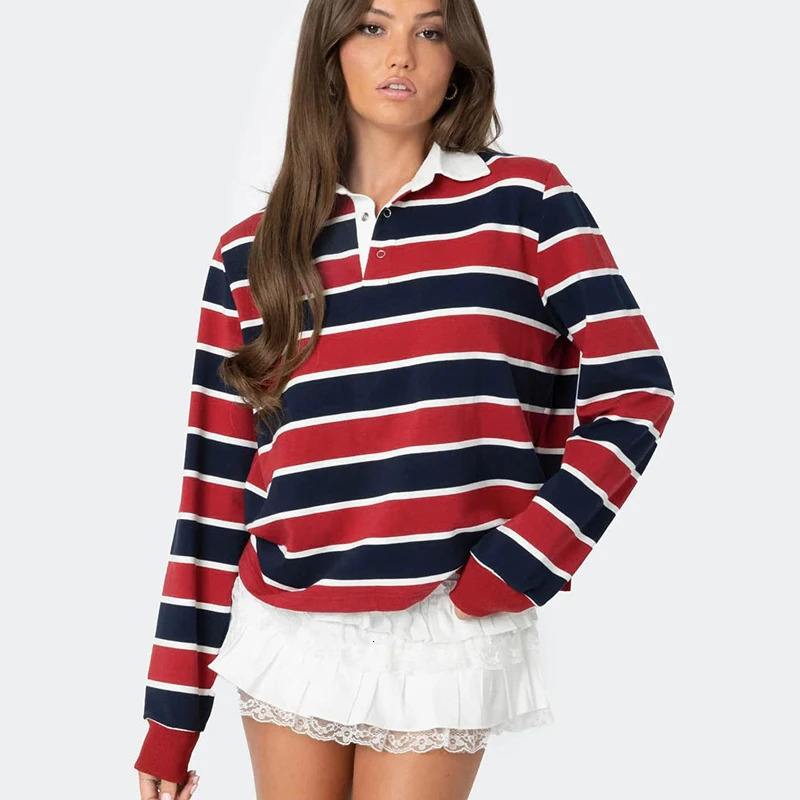 CUTENOVA Autumn Striped Polo Shirt Womens Fashionable Long Sleeve Sportwear Harajuku Pullover Casual Wear Base Shirt 250408