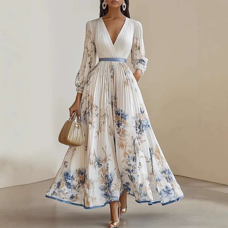 Spring Sexy Ladies Deep V Long Sleeved Swing Vintage Bohemian Commuter Maxi wer Print Waist Pleated Holiday Dress ddmySept