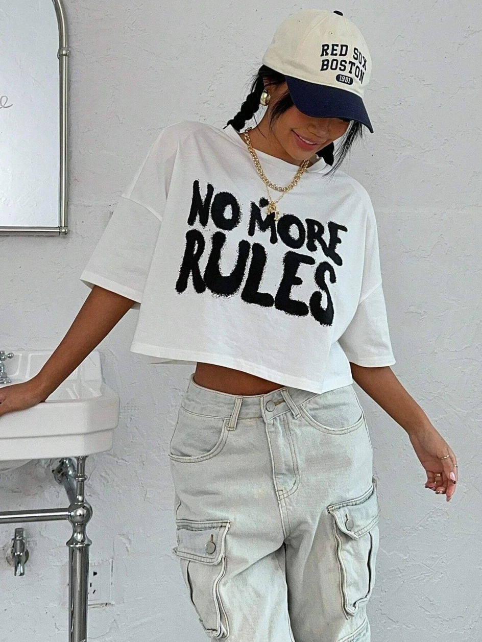 100% pure cotton womens crop Tshirt with no more rules letter printing top Oneck short sleeved summer fashion street clothing 250407