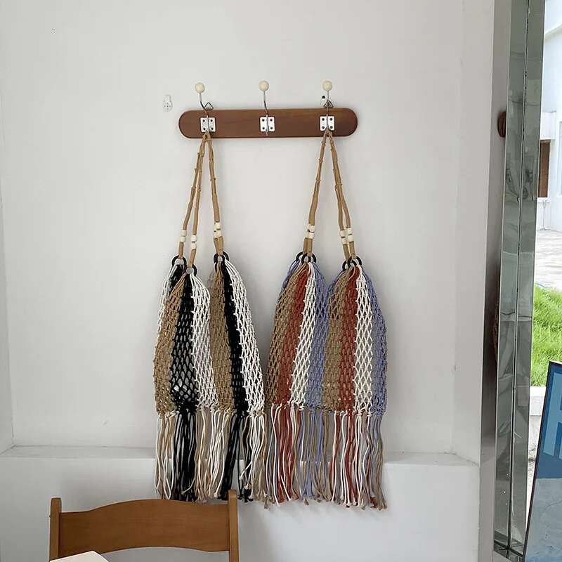 Rope Woven Handbags Knitting Tassel Tote Handmade Beach Bags For Women Round Handle Shopper Purses Female Hollow Clutch