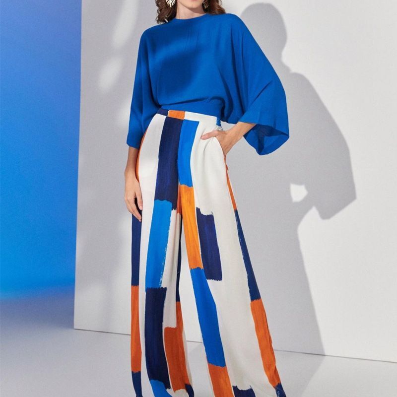Womens Clothing New Temperament Loose Commuter Blue Top High Waist Wide Leg Pants Suit