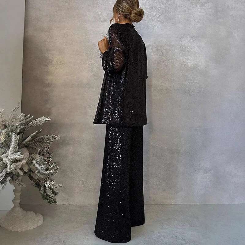 Spring Sequin Fashion Two-Piece Set Women Legg Slim Patchwork Outwear Top+High Waist Straight Pants Sets Female Outfits