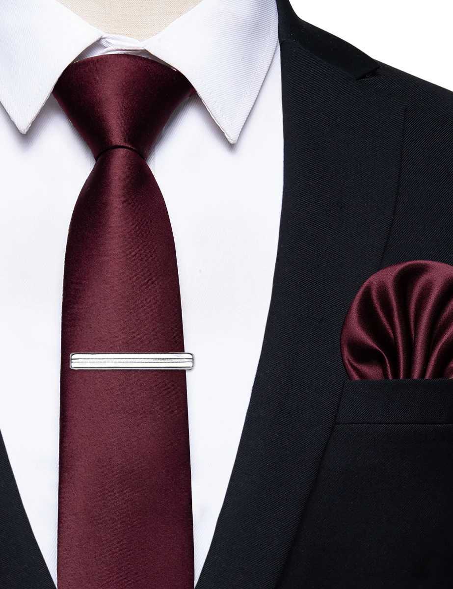 Burgundy Red Luxury Mens Tie Pocket Square Clip Set Fashion Silk Exported Brand 6 CM Slim Necktie for Man Accessories Gifts X250407