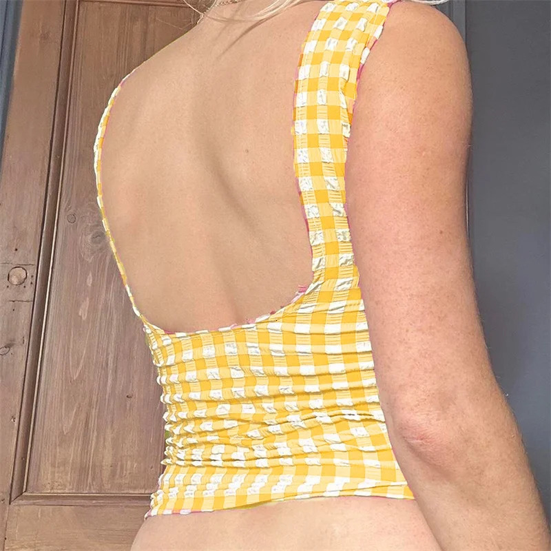 Lamuusaa y2k Tops for Women Summer Fairycore Clothing Plaid Print Lace Trim Sleeveless Tanks T Shirts 2000s Clothing Streetwear 250407