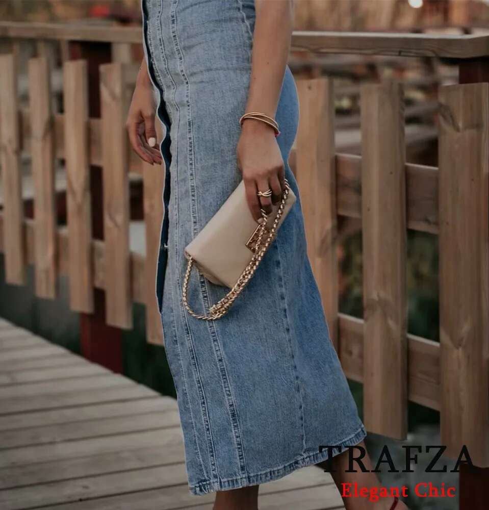TRAFZA Casual Elegant Denim Halter Women's Buttons Slim New 2024 Summer Fashion Holiday Basic Dress