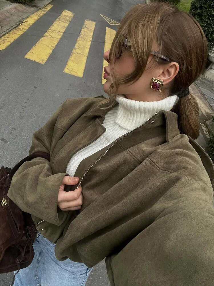 Women Green Suede Short Jacket Fashion Full Sleeve Zipper Lapel Pocket Loose Thick Coat Lady Spring New Casual Commute Outwear