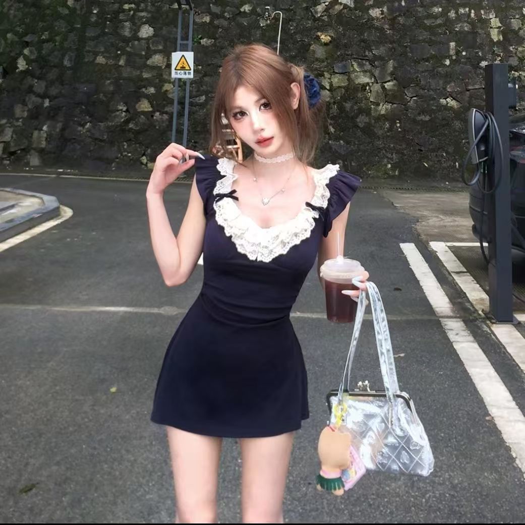 S33 Small flying sleeve design waist temperament small slim hot girl short skirt