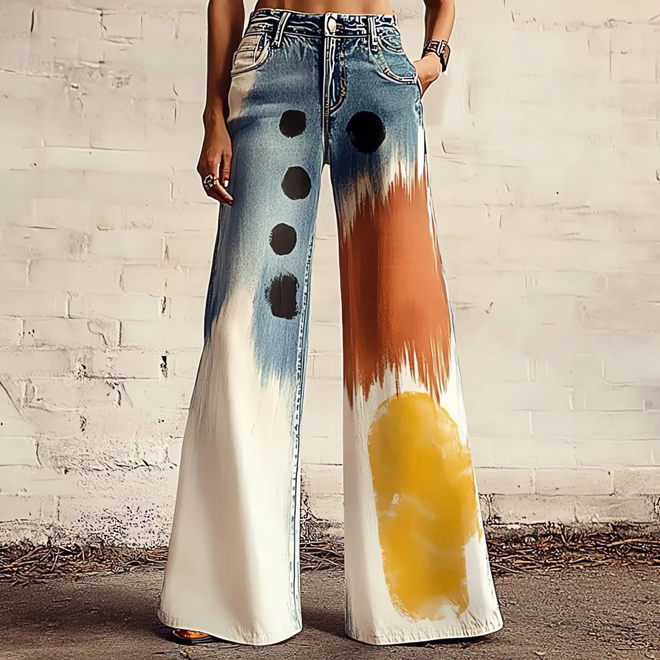 Retro Fashion High Waist Pants Street Loose Wide Leg Denim Womens Jeans 250407